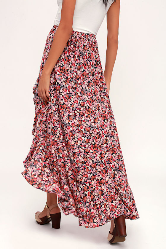Bridgette Pink Floral Print Ruffled High-Low Maxi Skirt 4
