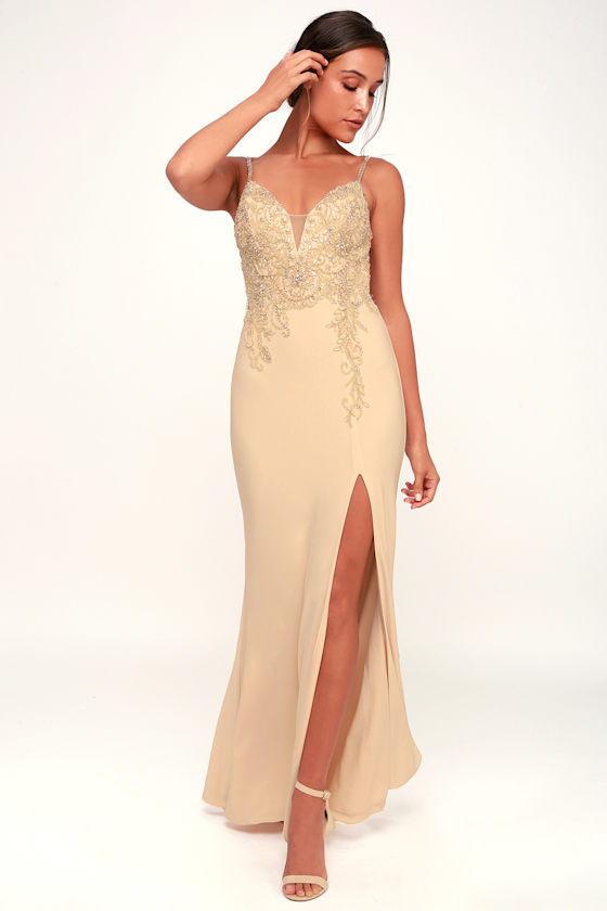 Champagne Maxi Dress Beaded Dress Rhinestone Dress Lulus
