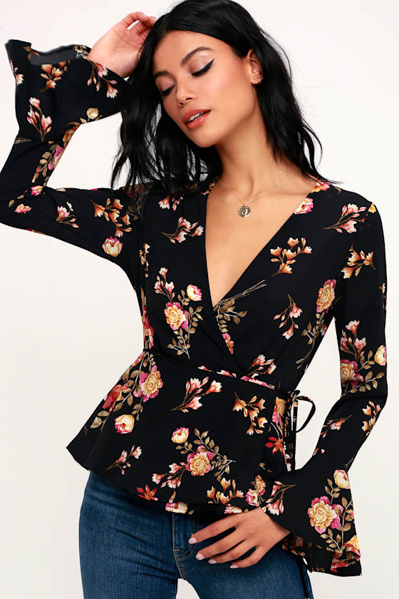 Floral Print Top - Dark Blue Wrap Top 