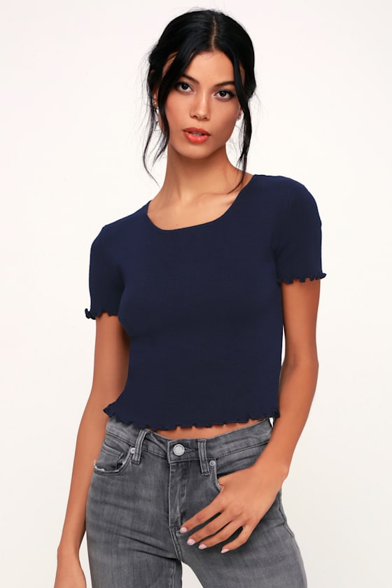 Cute Navy Blue Top Lettuce Edge Tee Trendy Cropped Tee Lulus