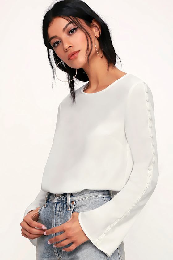 In Your Arms White Covered Button Long Sleeve Top 1