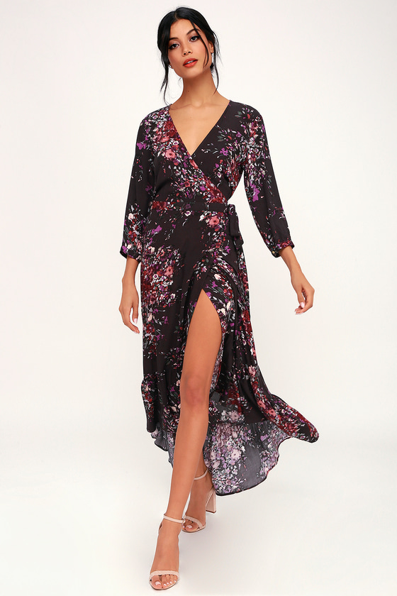 Beautiful Dark Purple Floral Print Midi Dress - Floral Wrap Dress - Lulus