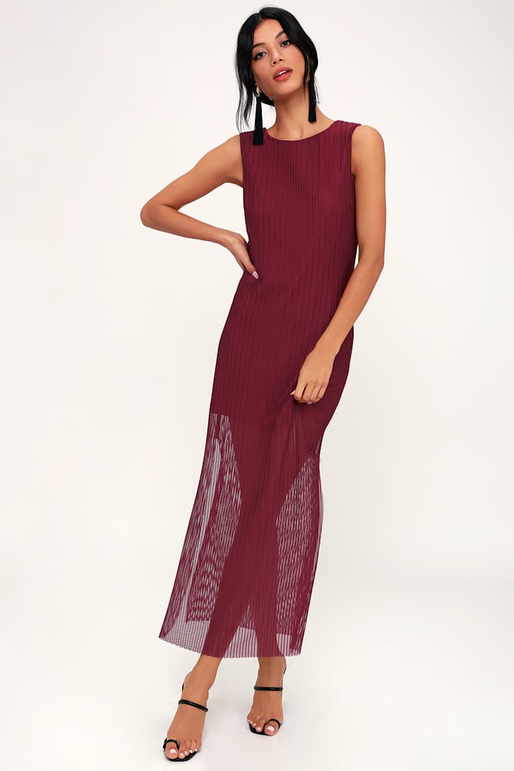 Net-Worth It Burgundy Sleeveless Mesh Midi Dress