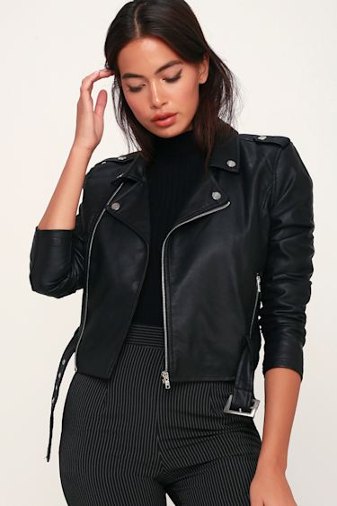 Classic Black Vegan Leather Jacket Moto Jacket Chic Jacket Lulus