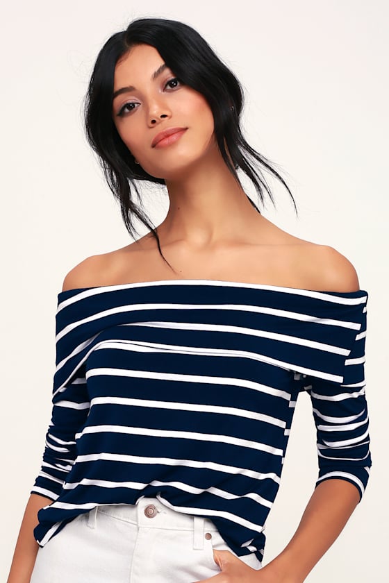 Fairhaven ?Navy Blue and White Striped Off-the-Shoulder Top 1
