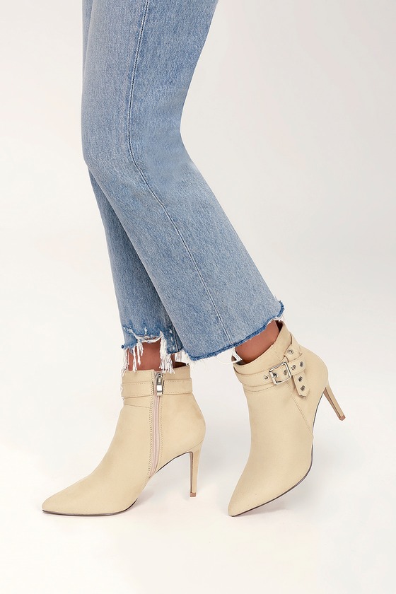 tan high heel ankle booties