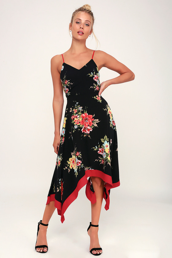 Lovely Black Floral Print Dress - Midi Dress - Handkerchief Dress - Lulus