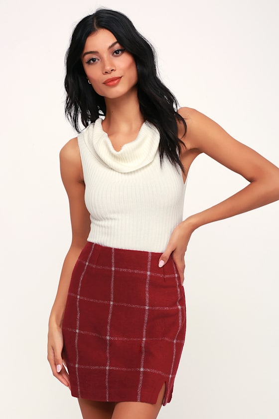 Chic Wine Red Skirt Plaid Skirt Flannel Skirt Mini Skirt Lulus