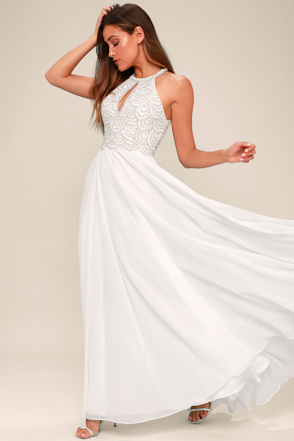 chinese dress ladies Miss Circle Women Lainey White Satin Sequin Pearls Beaded Maxi Dress