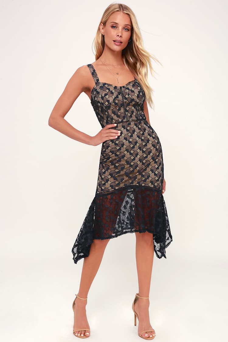 J.O.A. - Navy Lace Dress - Lace Midi Dress - Trumpet Hem Dress - Lulus