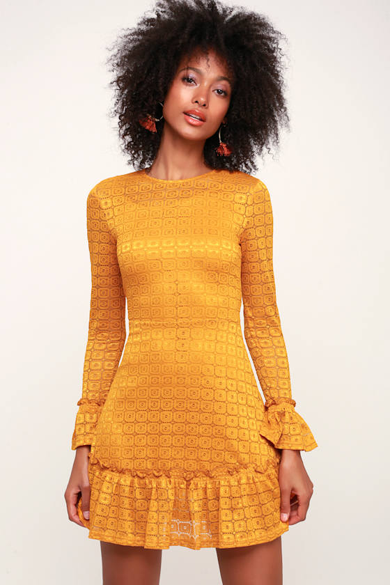 The Fifth Label Symbols Mustard Yellow Lace Long Sleeve Dress Lulus