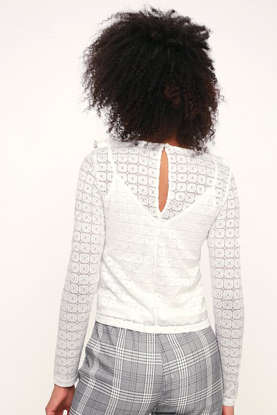Symbols White Lace Ruffled Long Sleeve Crop Top 2