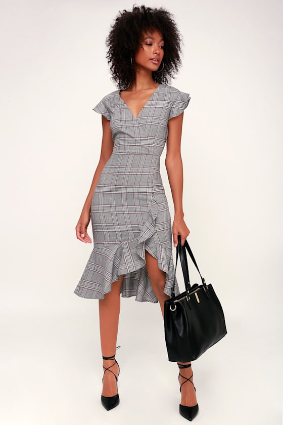 Cute Grey Dress - Glen Plaid Dress - Office Dress - Midi Dress - Lulus