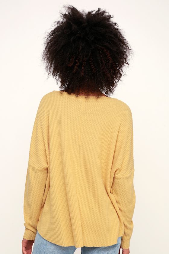 Cute Light Yellow Top Waffle Knit Top Long Sleeve Top