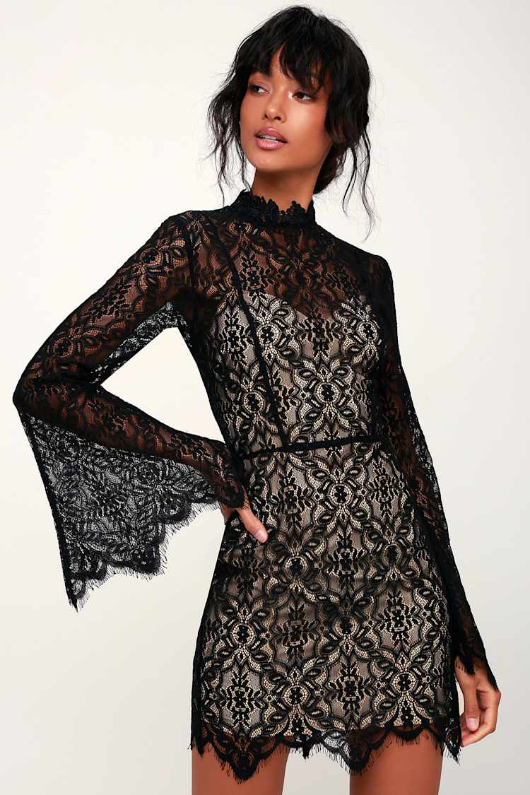 Carson Nude and Black Lace Bell Sleeve Mini Dress Carson Nude and Black Lace Bell Sleeve Mini Dress