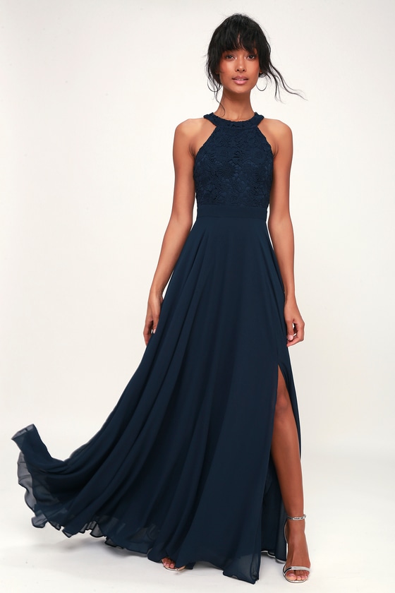Elegant Navy Blue Maxi Dress - Lace Dress - Halter Maxi Dress
