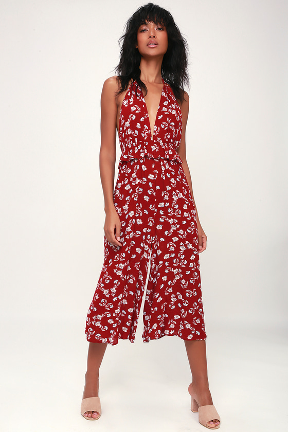 Raylin Wine Red Floral Print Halter Culotte Jumpsuit