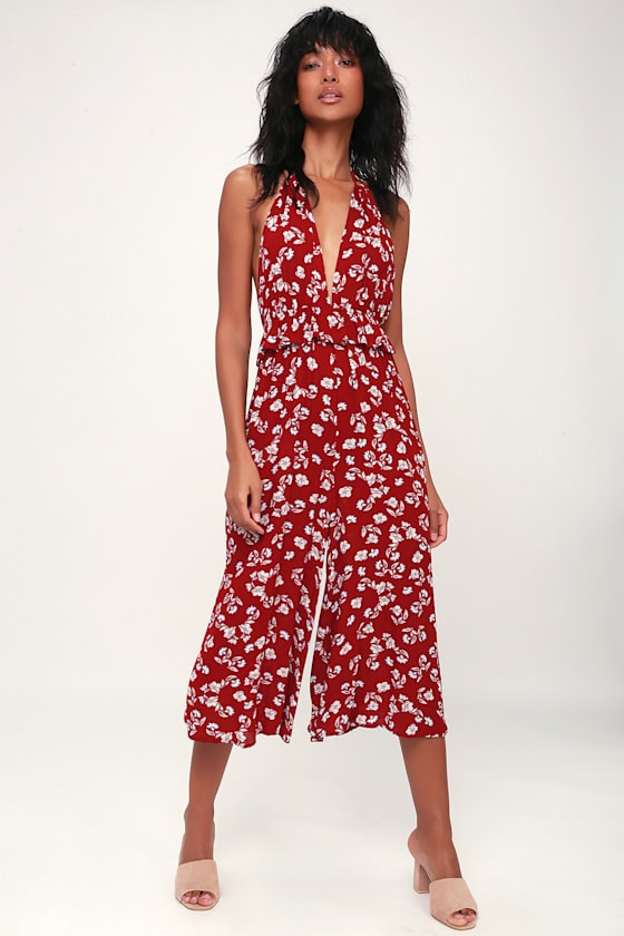 Raylin Wine Red Floral Print Halter Culotte Jumpsuit 2