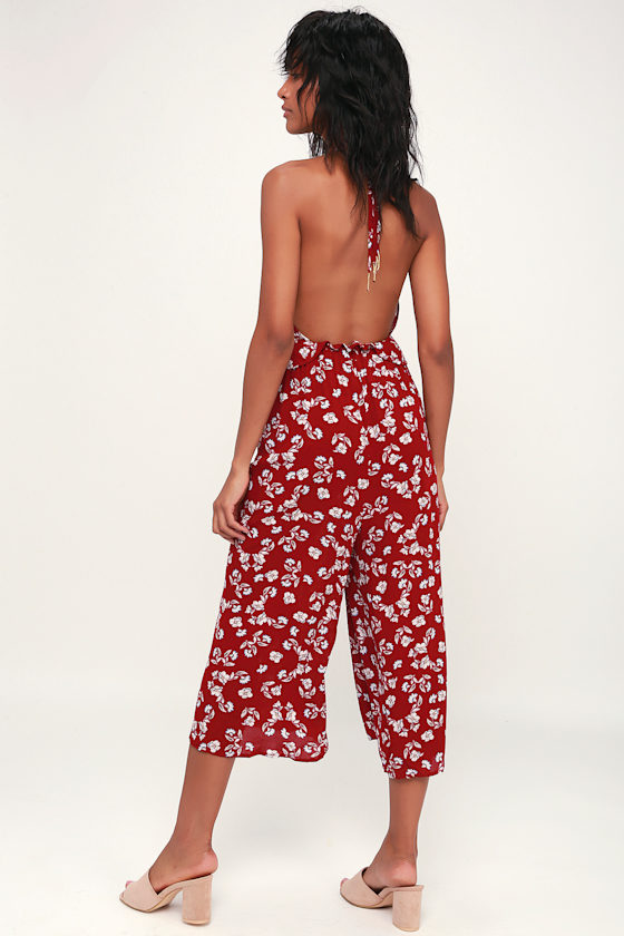 Raylin Wine Red Floral Print Halter Culotte Jumpsuit 6