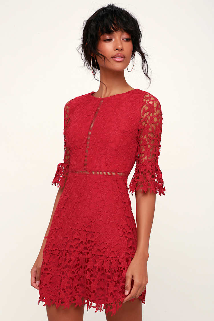 v neck a line dresses A Line V Neck Beaded Red Lace Long Prom Dress, Red Lace Formal Dress, –  abcprom main image 0