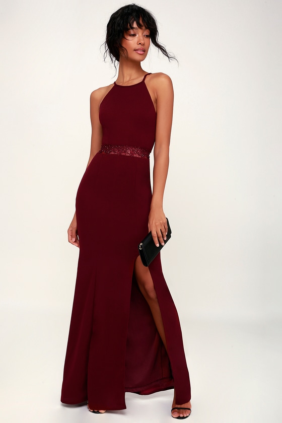 About Your Heart Burgundy Lace Maxi Dress - Lulus Exclusive! An evening of splendor starts with the Lulus About Your Heart Burgundy Beaded Maxi Dress! This enchanting gown kicks things off with an apron neckline (with adjustable skinny straps) and a princess-seamed bodice (with a hidden back zipper/clasp). Floral crochet lace, punctuated by glistening faceted rhinestones, tops off the elegant mermaid-style maxi skirt complete with a sexy side slit.