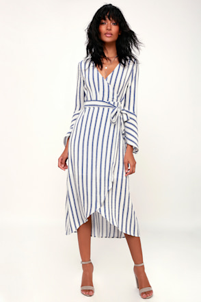 Blue and White Striped Dress - Wrap Midi Dress - Flounce Sleeve