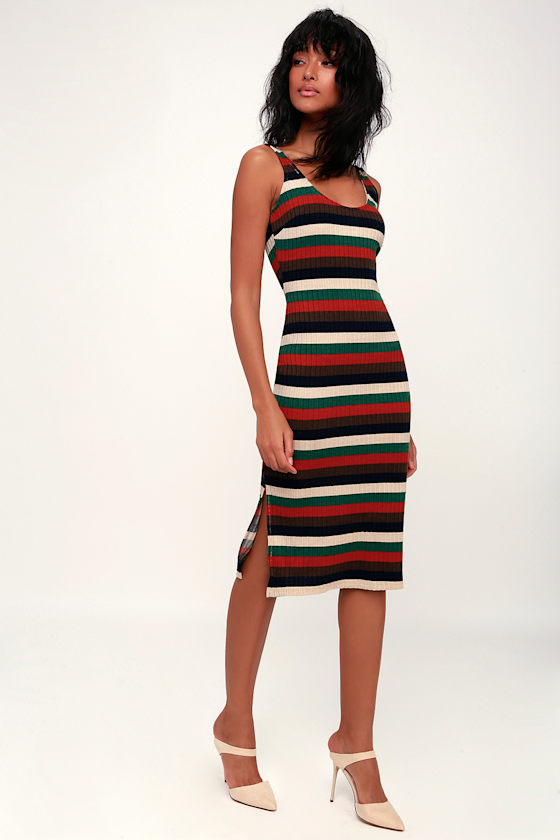 Grand Opportunity Red and Green Multi Striped Bodycon Midi Dress 4