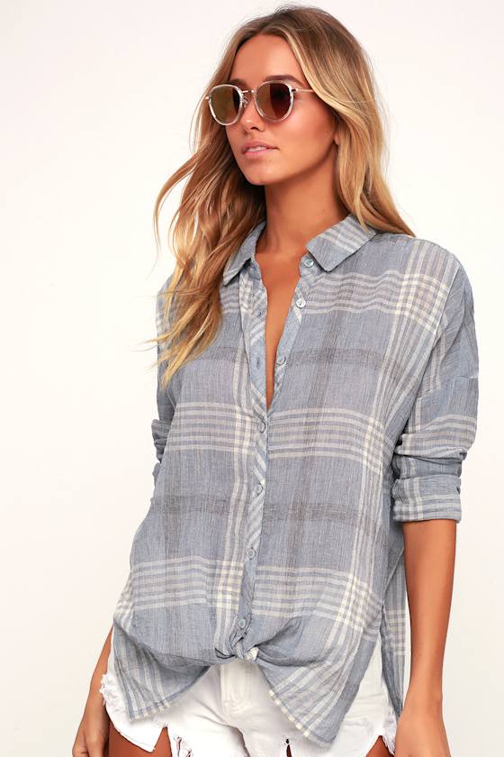 Arlow Light Blue Plaid Tie-Front Button-Up Top 3