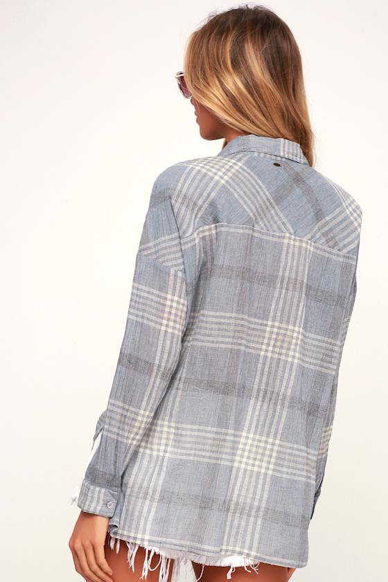 Arlow Light Blue Plaid Tie-Front Button-Up Top 1