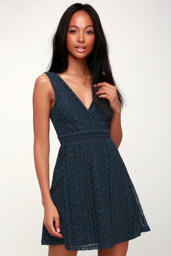 navy blue lace skater dress