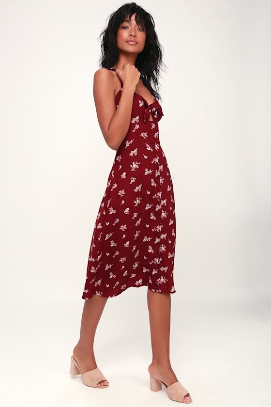 Are You Mine? Wine Red Floral Print Tie-Front Midi Dress 5