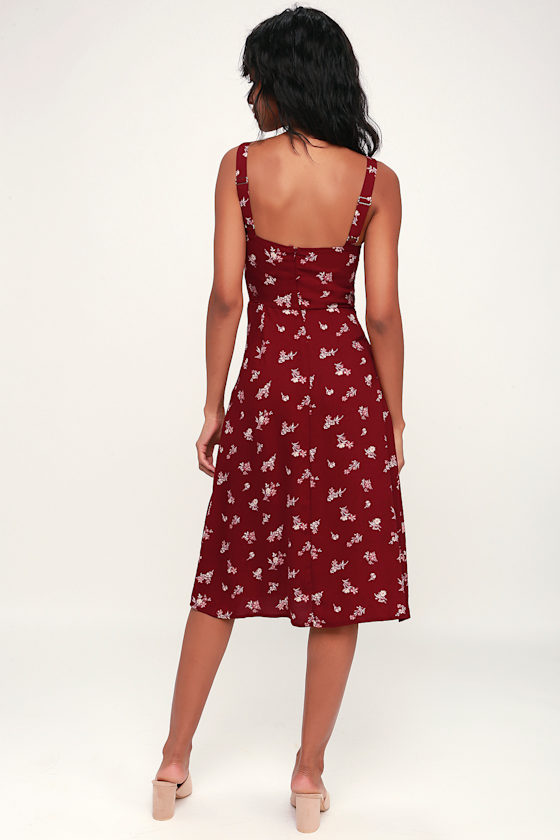 Are You Mine? Wine Red Floral Print Tie-Front Midi Dress 1