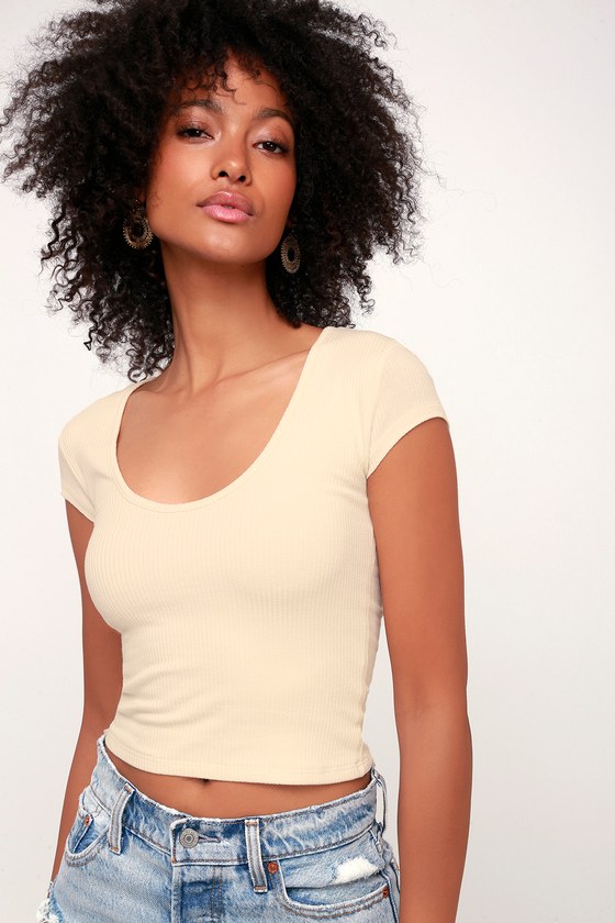 Cute Cream Tee - Ribbed Tee - Cropped Tee - Scoop Neck Tee - Lulus