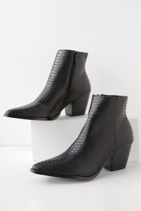 Spirit Black Snake Pointed Toe Ankle Booties