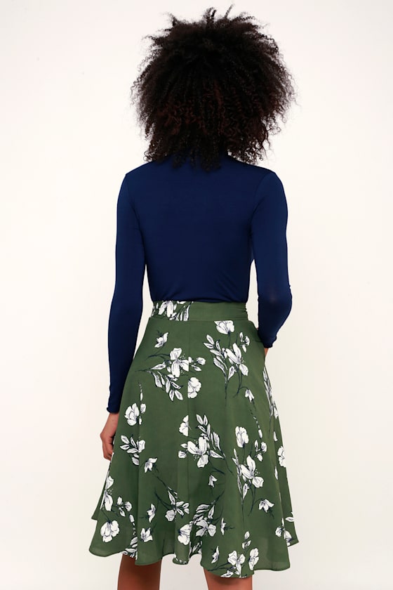 Cute Green Skirt Floral Print Skirt Midi Skirt ALine Skirt Lulus