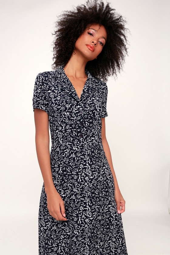 Cute Navy Blue Dress - Leaf Print Dress - Button-Up Midi Dress - Lulus