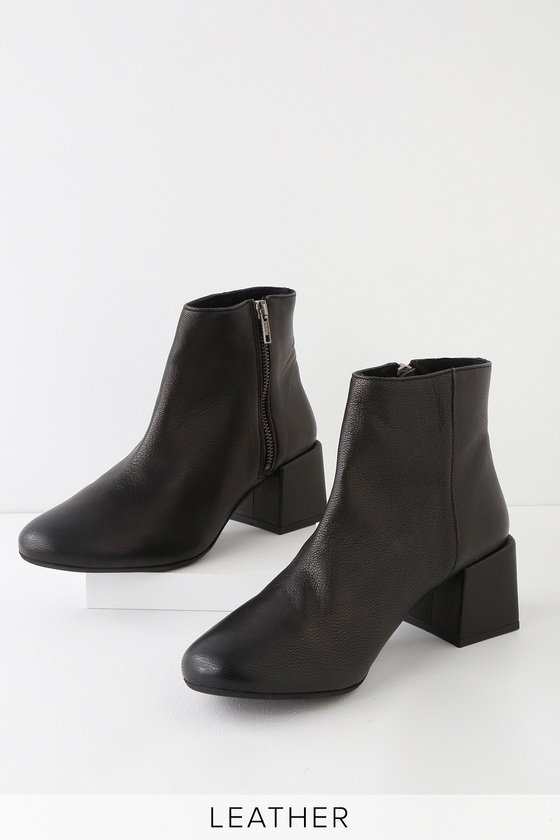 black leather block heel ankle boots