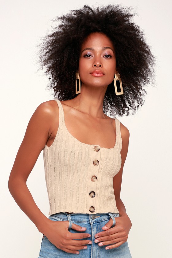 Cute Beige Tank Top - Button-Up Crop Top - Ribbed Tank Top - Lulus