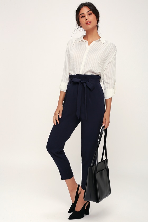 navy blue paper bag pants