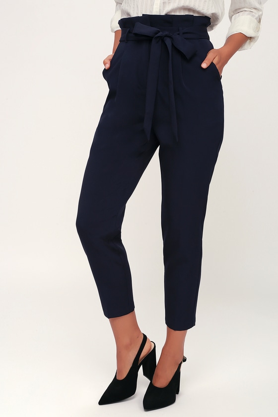 Chic Navy Blue Trousers - Paperbag Waist Pants - Office Pants