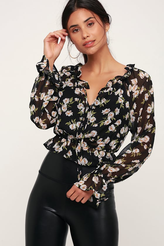 Garden of Love Black Floral Print Sheer Long Sleeve Shirt 2