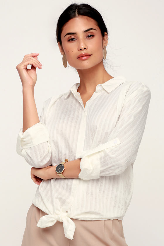 Sage the Label Quartz White Long Sleeve Top TieFront Top Lulus