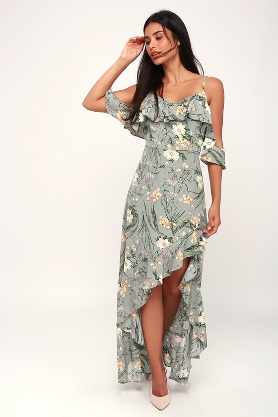 Lovely Sage Green Dress  Floral Print Dress  HighLow Maxi  Lulus