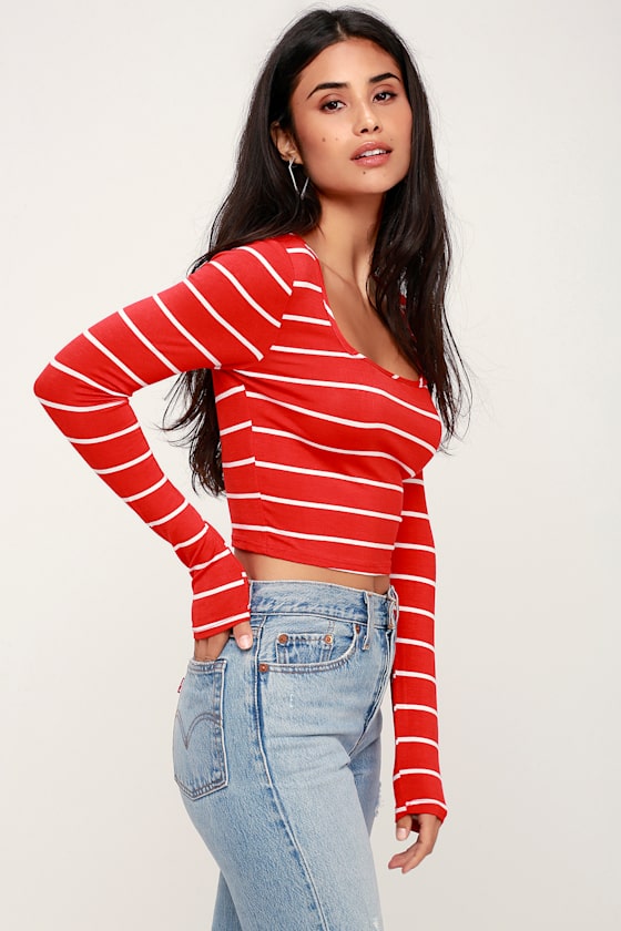 Cute Red Top - Crop Top - Striped Top - Long Sleeve Crop ...