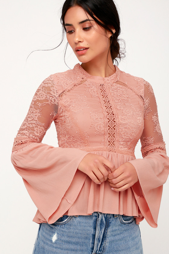 Karena Blush Pink Lace Bell Sleeve Peplum Top 4