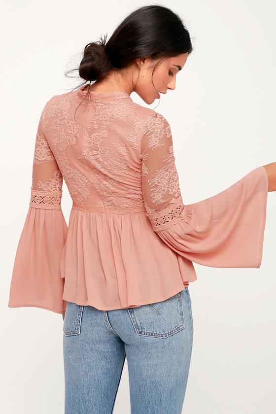 Pretty Blush Pink Lace Top Bell Sleeve Top Lace Peplum Top Lulus