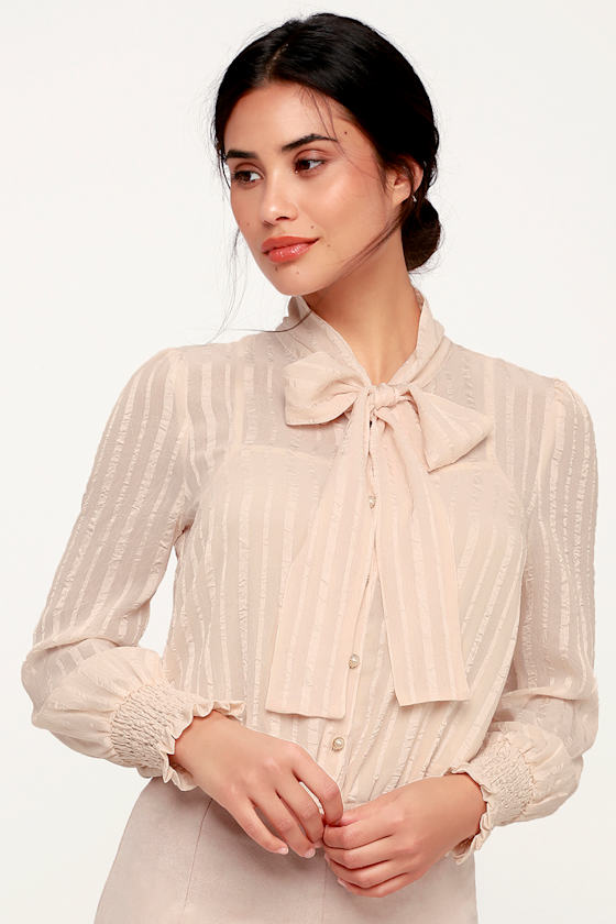 Moon River Light Beige Long Sleeve Bodysuit TieNeck Bodysuit Lulus