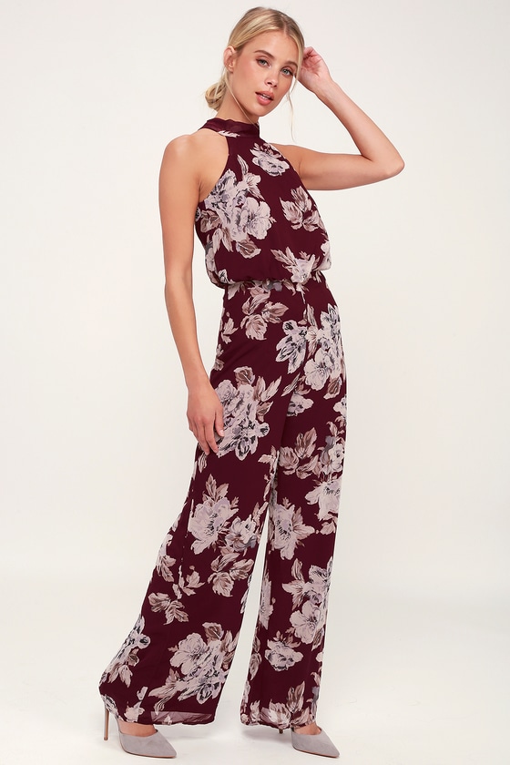 Lovely Burgundy Floral Print Jumpsuit - Halter Jumpsuit - Lulus