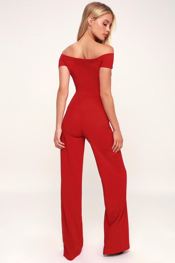red off the shoulder jumpsuit