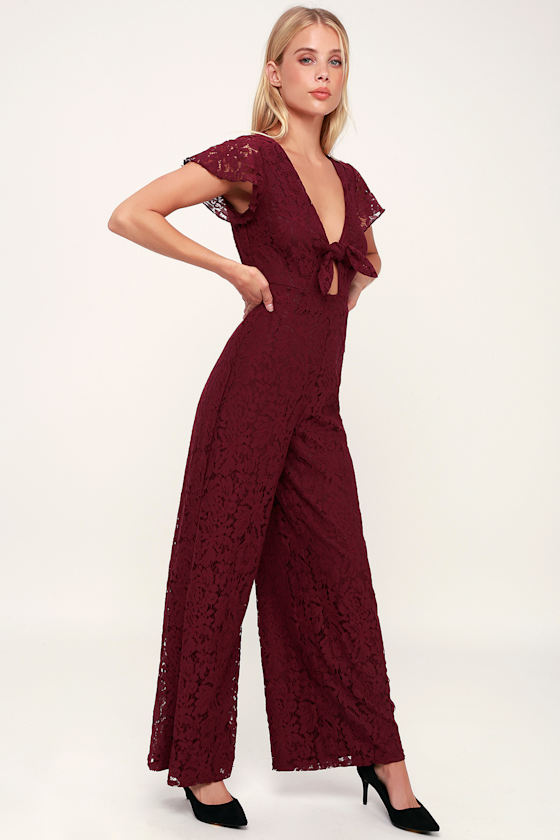 Love You Still Wine Red Lace Tie-Front Short Sleeve Jumpsuit 3